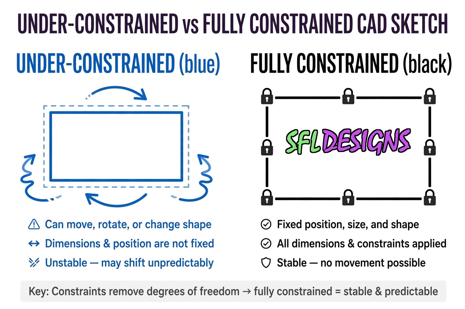 Under-constrained blue CAD sketch that can move versus a fully constrained black sketch that is stable