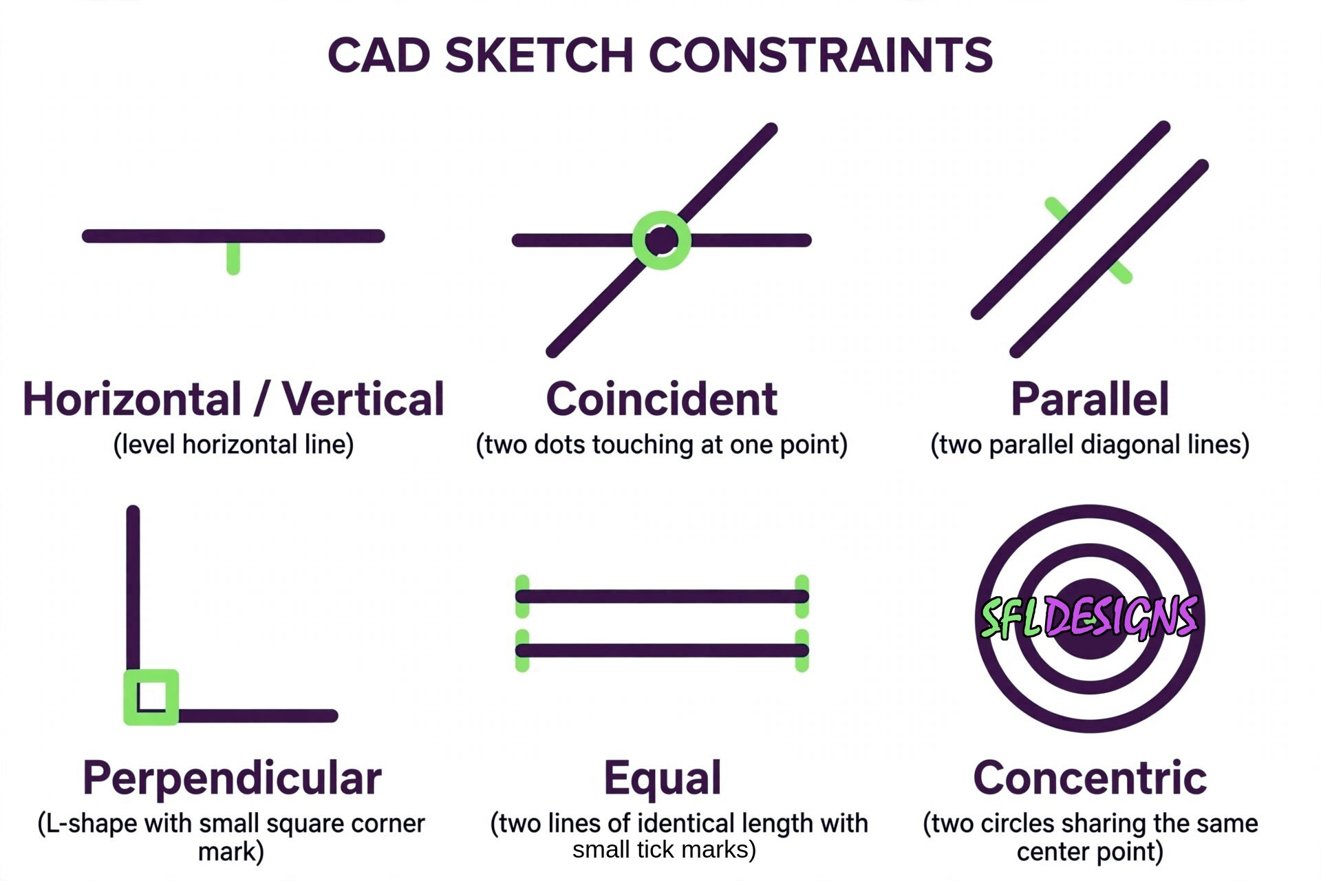CAD sketch constraints: Horizontal/Vertical, Coincident, Parallel, Perpendicular, Equal and Concentric illustrated