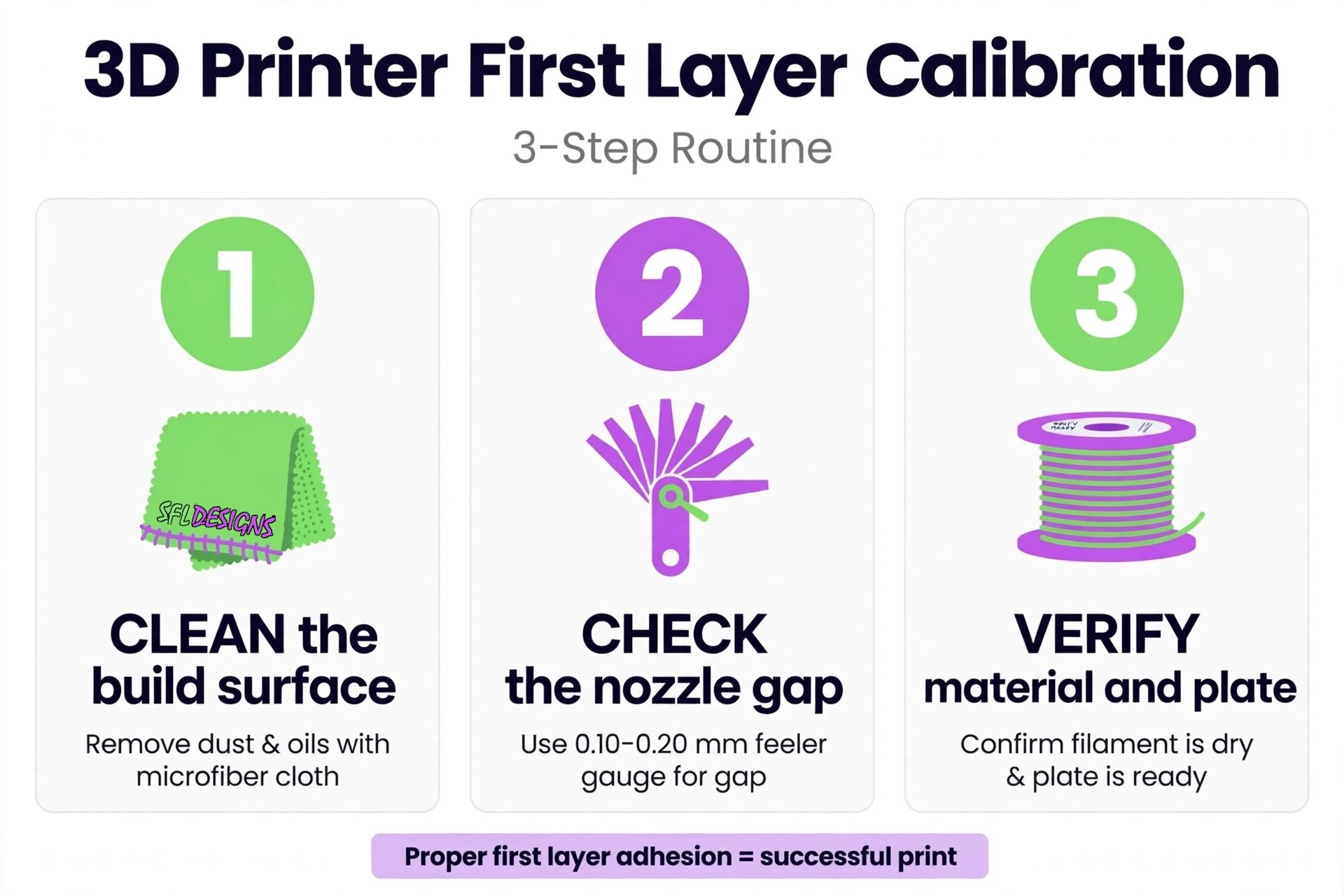 The three-check first-layer routine: clean the build surface, check the nozzle gap, verify the material and plate